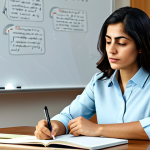 A focused Arab female professional in her early thirties, dressed in a modest professional blouse and trousers, deeply engrossed in complex psychology textbooks and journals on a large wooden desk. A whiteboard behind her displays detailed mind maps. The scene is illuminated by soft, warm desk lamp light in a modern, quiet study room. She is holding a pen, thoughtfully pausing, embodying critical thinking and deep understanding. Professional photography, high detail, realistic, perfect anatomy, correct proportions, natural pose, well-formed hands, proper finger count, natural body proportions, safe for work, appropriate content, fully clothed, professional dress.