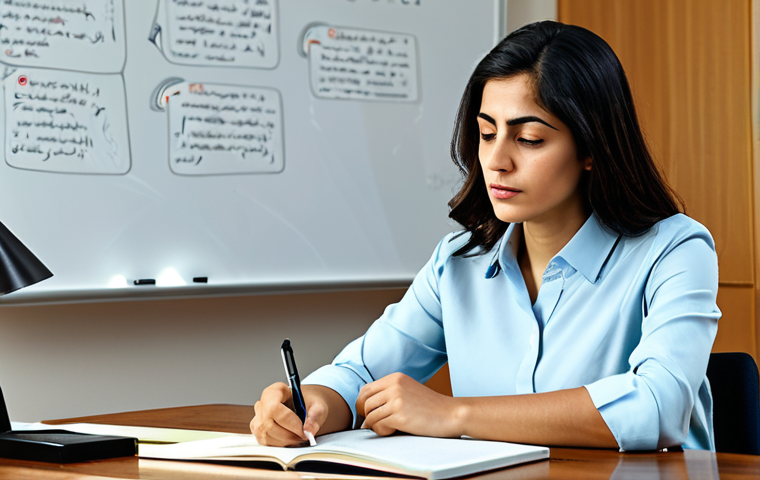 A focused Arab female professional in her early thirties, dressed in a modest professional blouse and trousers, deeply engrossed in complex psychology textbooks and journals on a large wooden desk. A whiteboard behind her displays detailed mind maps. The scene is illuminated by soft, warm desk lamp light in a modern, quiet study room. She is holding a pen, thoughtfully pausing, embodying critical thinking and deep understanding. Professional photography, high detail, realistic, perfect anatomy, correct proportions, natural pose, well-formed hands, proper finger count, natural body proportions, safe for work, appropriate content, fully clothed, professional dress.