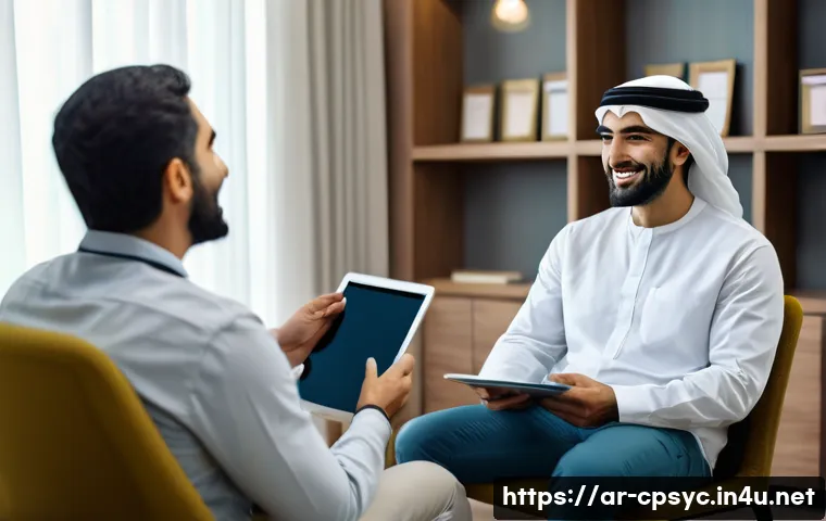 임상심리사 심리검사 실무 사례 - A professional Middle Eastern psychologist in a modern clinic setting, warmly engaging with an adult...